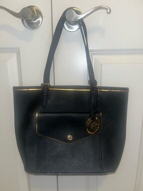 Michael Kors Black Shoulder Tote with Gold Accents